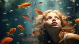 Fototapeta  - A young girl gazes upward in wonder, submerged in a surreal underwater scene with goldfish swimming around her. 
