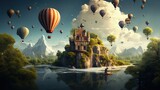 Fototapeta  - An idyllic castle perched on a lush island floats among a sky filled with hot air balloons. This whimsical scene captures the essence of fantasy and adventure, evoking a sense of escape to a magical