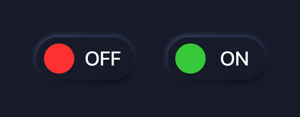 Poster - On/Off slider icons. Flat, color, on button, off button, dark background, isolated on/off sliders icons. Vector icons