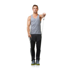 Wall Mural - Portrait, man and resistance band to workout in studio, gym and training for strong muscles or biceps. Sports person, face and exercise in commitment with mockup and cardio on white background