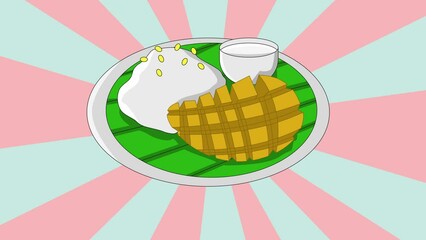 Sticker - Animated icon of mango sticky rice, a typical Thai food with a rotating background