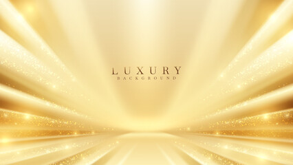Wall Mural - Gold stage scene with glitter light effects decorations and bokeh. Luxury background design concept. Vector illustration.