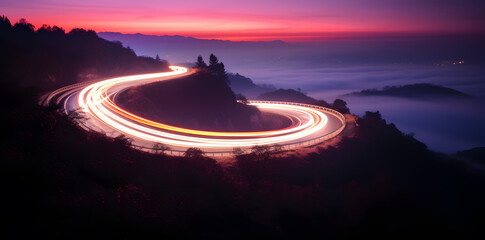 Photo of a highway at night. Neon night highway track with colorful lights and trails