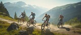 Fototapeta  - friends on e-bikes: exploring majestic mountain views together