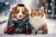 Christmas cats and dogs in sweaters and hats under the snow. Lights and Christmas atmosphere. Generative AI.