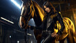 Girl standing next to a horse, cyberpunk style, neon lights