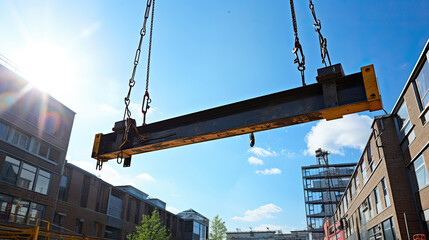 a truck crane lifts a large steel beam on a construction site. real estate construction process.