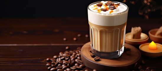 Wall Mural - Caramel coffee with milk and caramel, served in a glass on a wooden table with coffee beans.