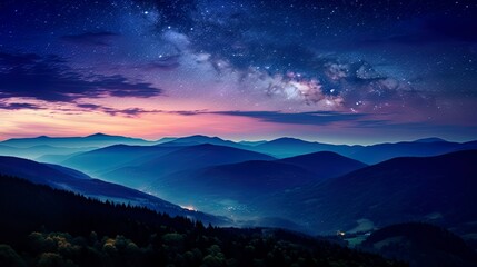 Night landscape with colorful Milky Way Beautiful mountain Starry sky with Milky Way Space background