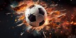 Dynamic photo of a soccer ball shattering into pieces at the moment of impact, representing the power and intensity of the sport