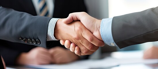 Joyful individuals in a meeting for collaboration and contract, expressing gratitude and shaking hands.