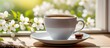 A cup of coffee by the window with beautiful white flowers, the scenery of spring. Generative Ai
