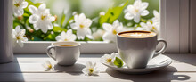 Two Cups Of Coffee On A Table By The Window, Spring Scenery With White Flowers. Generative Ai
