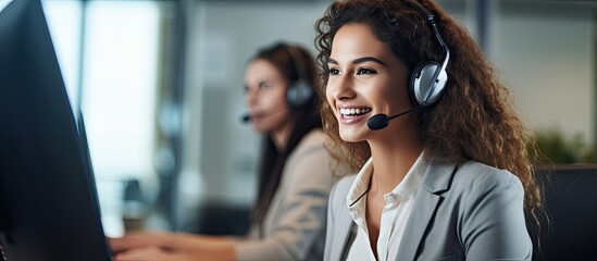 Poster - Cheerful woman assists customers in telemarketing or office communication. Friendly female consultant smiles while providing online advice or contact us at work.