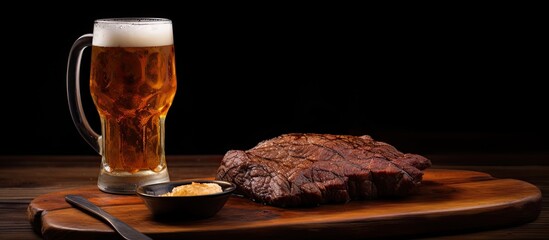 Canvas Print - Brazilian picanha on a wooden board with a cold glass of beer.