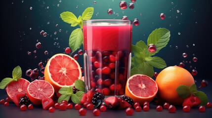 Wall Mural - juice fruits, natural healthy juice drink antioxidant on green background. sweet water, detox fresh, summer fresh fruit 