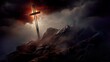 Silhouette Holy cross concept symbol on top mountain Resurrection background with sunlight