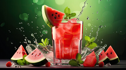 Wall Mural -  refreshing cocktail drink with watermelon on dark  green background .summer cool,Watermelon lime refreshing cocktail in modern glass mojito, lemonade, mocktail with fresh mint. Cold summer fruit drin