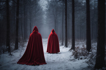 Red cloaked figure encountering a stranger in the scary winter forest with moonlight