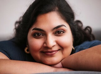 Wall Mural - Chubby Indian brunette young woman laying on the sofa. Smiling face closeup portrait. Relaxation and wellness at home concept.