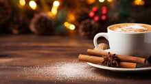 Cup Of Coffee Or Cappuccino With Cinnamon Sticks On A Wooden Table With Christmas Background