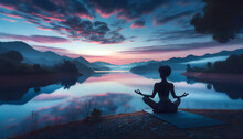 Serene Dawn Yoga Scene By A Lake. A Black Woman Is Practicing Yoga, With The Early Morning Sky Displaying Soft Pinks And Blues Reflected On The Lake's Surface