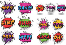 Comic Book Pop Art Elements. Cartoon Comic Sign Burst Clouds. Boom Sign Expression And Pop Art Text Frames. Wow, Bang, Omg ... Set Of Comic Speech Bubbles With Halftone Shadows.Vector Illustration V9.