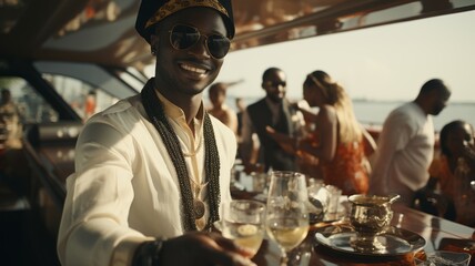 A handsome young African American man in stylish clothes stands on the open deck of a cruise ship or liner, holding a beautiful cocktail glass in his hands. Close-up. The concept of travel for