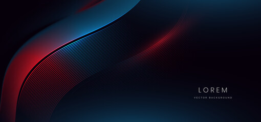 Wall Mural - Abstract futuristic curved glowing blue and red light lines on black background.