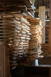 Stacks of cut wood at the woodworker workshop