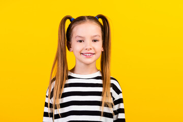 Sticker - Photo of cute sweet little child dressed striped pullover smiling empty space isolated yellow color background