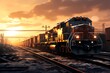 Railway and freight train at sunset, transportation and logistics concept.