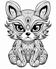 Poster - a cute fox , in the style of animated gifs, hallyu, style of coloring book, lines, black and white, Style very high