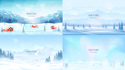 Wall Mural - winter banners. snow-covered mountains and valleys, fir trees in snowdrifts, clear sky, sunny frosty