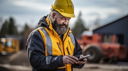 Wall Mural - Smart Construction Project management system concept, Engineer using a digital tablet on a construction site.