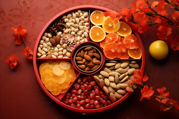 Wall Mural - Traditional snack and desserts in chinese new year day, Snack box fruit, Local snack in china for celebrate celebration