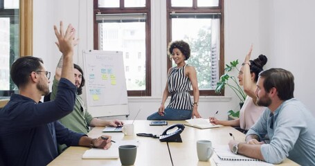 Canvas Print - Woman, presentation and raise hands for question, office and conference for company, workshop and feedback. Business meeting, teamwork and proposal for marketing plan, workers and workplace