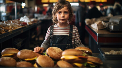 Wall Mural - The child buys a hamburger on his own.