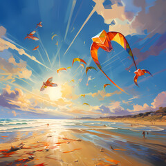 Wall Mural - Colorful kites soaring high above a sunlit beach