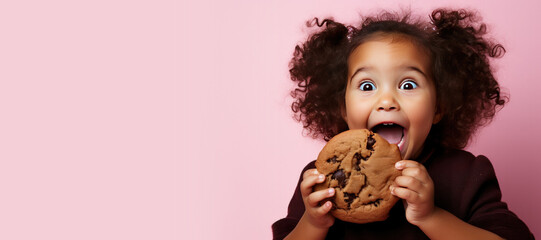 cute little girl eating a big chocolate chip cookie on a pink background with space for. copy