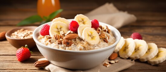 Wall Mural - Bowl of oatmeal porridge with assorted fruits, nuts, banana, and muesli.