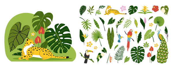 Sticker - Hand drawn exotic flora and fauna illustration set with wild animals and tropical leaves