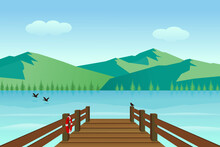 Seashore Wooden Pier With Lake And Mountains On Sunny Day. Vector Illustration.
