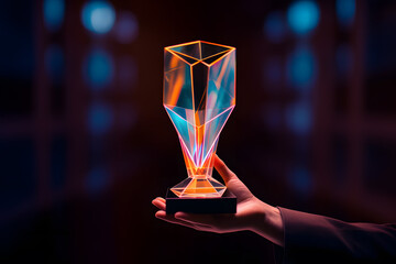 winner's glass award trophy cup in hand with bright illumination