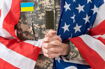 Wall Mural - Ukrainian military man with USA flag