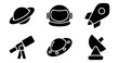 Space Icons. Vector Graphics Featuring Designs of planet, rocket, astronaut helmet, telescope, satellite, UFO. Icon Set in solid Style
