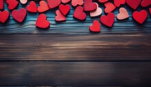 Valentines Day Background With Red Hearts On Brown Wooden Board With Copy Space