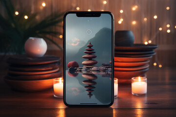Wall Mural - A mindfulness app on a smartphone screen, promoting accessibility to guided meditation for stress reduction and mental clarity. Concept of digital mindfulness. Generative Ai.