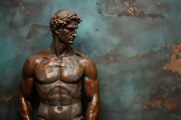 Wall Mural - A beautiful ancient bronze greek, roman stoic male statue, sculpture on a copper backdrop. Great for philosophy quotes.