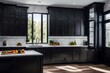 **kitchen with black cabinet and counter with window.